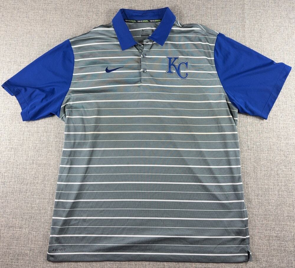 Nike Kansas City Royals Polo Mens XL Dri-FIT Gray Blue Striped MLB Golf